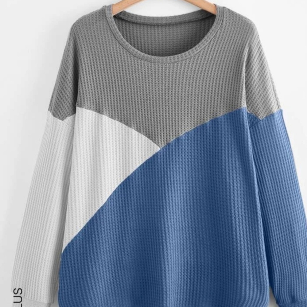 Waffle Knit Color Block Drop Shoulder Pullover